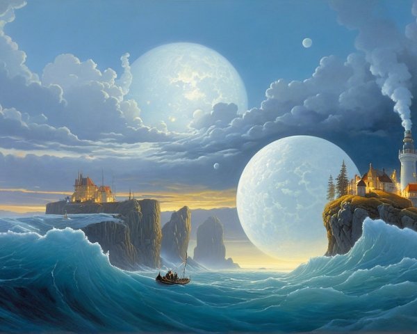 Imaginative Landscape with Moons and Dramatic Sky