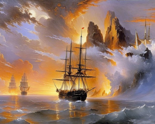 Seascape with Sailing Ships and Vibrant Sunset