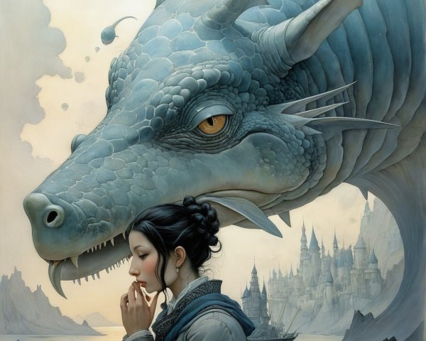 Surreal Landscape with Woman and Majestic Dragon
