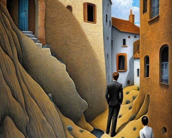Surreal Landscape with Figures by Stream and Houses