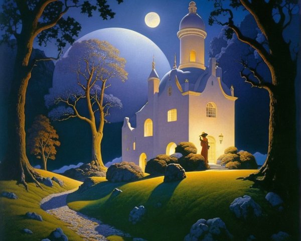 Dreamlike Landscape with Whimsical Moonlit Cottage