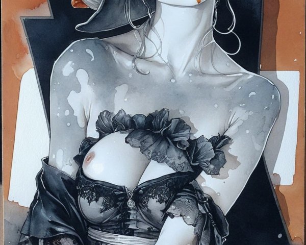 Serene Woman in Black Lace Outfit Against Warm Orange