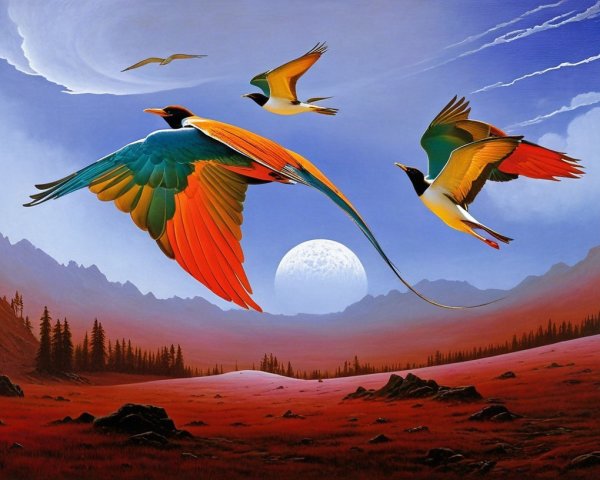 Vibrant Landscape with Birds and Majestic Moon