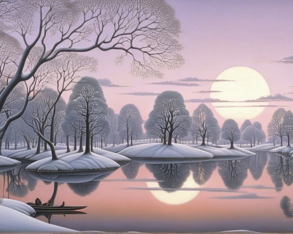 Tranquil Winter Lake Scene at Dusk with Moonlight