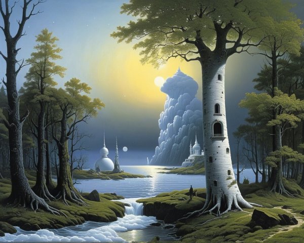 Serene Otherworldly Landscape with Ethereal Features