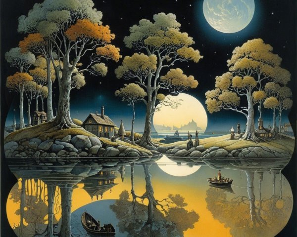 Serene Nighttime Landscape with Full Moon Reflection