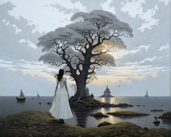 Serene Landscape with Woman and Majestic Tree