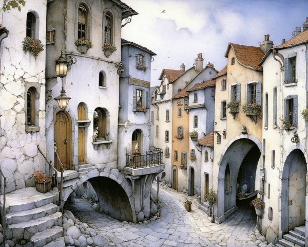 Charming Narrow Street with Colorful Stone Houses
