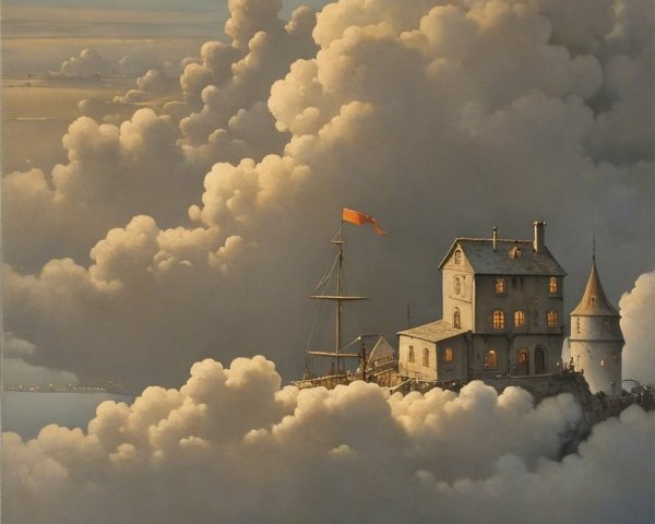 Moonlit Boat Journey Through Misty Waters and Clouds