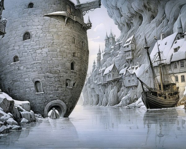 Whimsical Snowy Landscape with Stone Tower and River