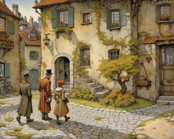 Vintage Figures in Quaint Village Scene with Stone House