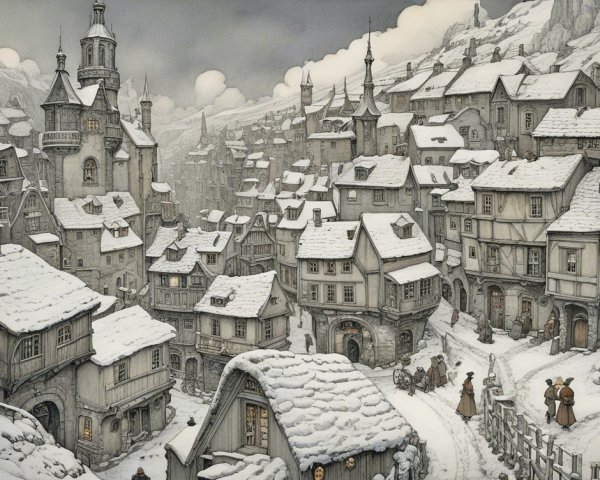 Snow-Covered Village in a Mountainous Landscape