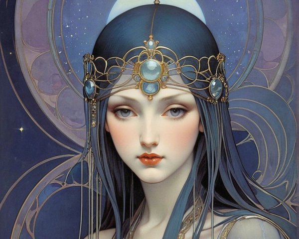 Portrait of a woman with dark hair and jeweled headpiece