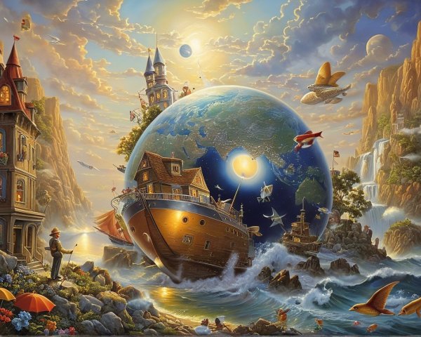 Vibrant Landscape with Ship and Monumental Globe