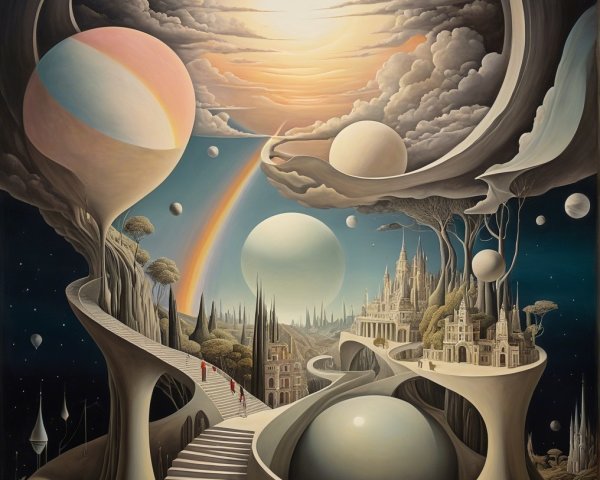 Surreal Landscape with Staircases and Fantastical Cities