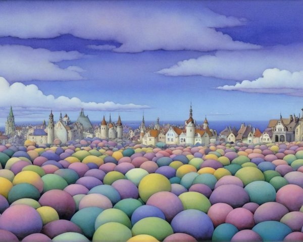 Whimsical Landscape with Colorful Pastel Spheres