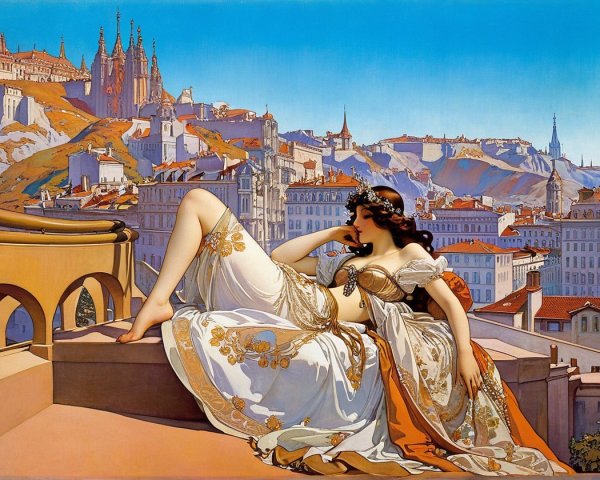 Elegant Woman in White Dress on Scenic Terrace