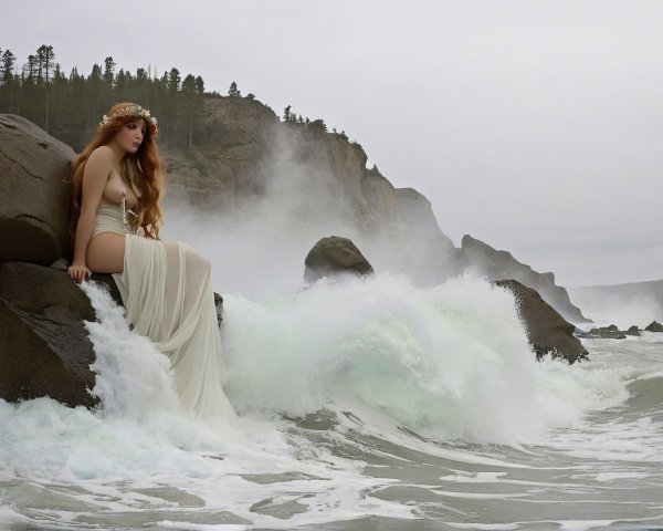 Woman in Elegant Dress by Rugged Ocean Rocks