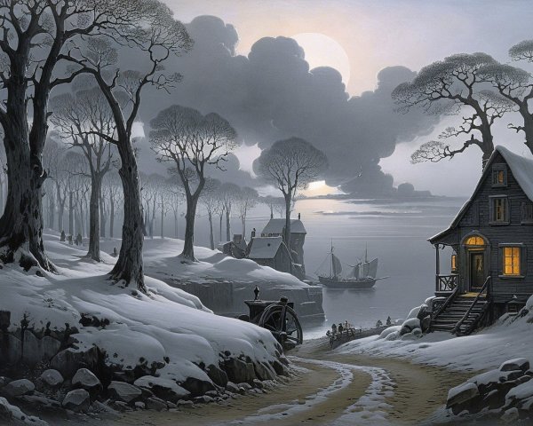Winter Landscape with Moonlit Village and Harbor