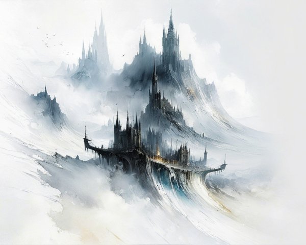 Majestic castle in a mystical foggy landscape
