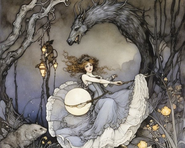 Enchanting Scene of Woman with Moon Orb and Creature