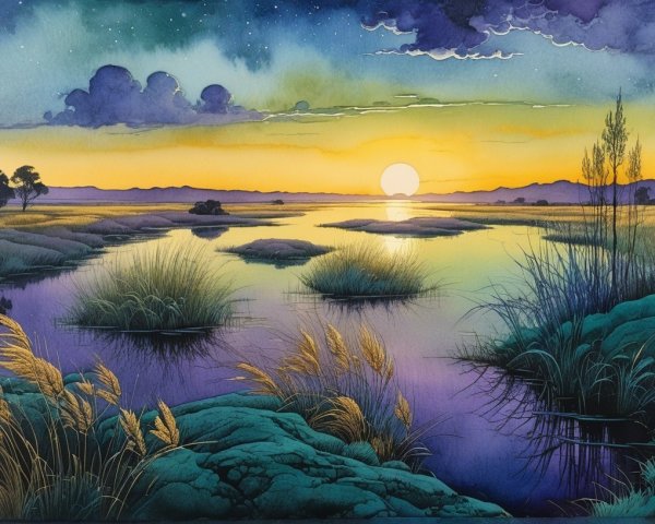 Twilight Landscape with River and Mountains at Dusk