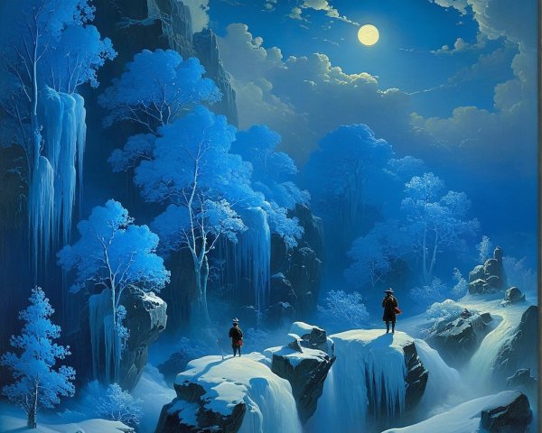 Moonlit Winter Landscape with Frozen Waterfall