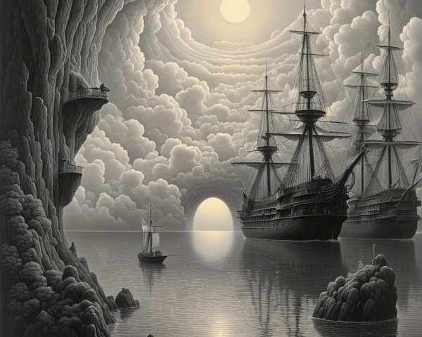 Surreal Seascape with Cliffs and Majestic Ships