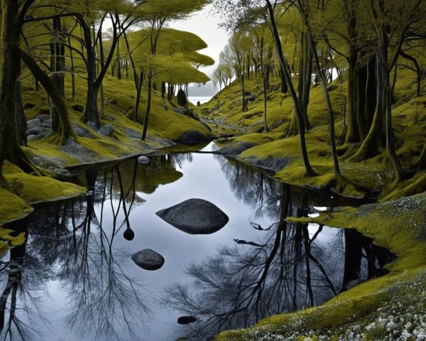 Tranquil Forest Landscape with Reflective Pond