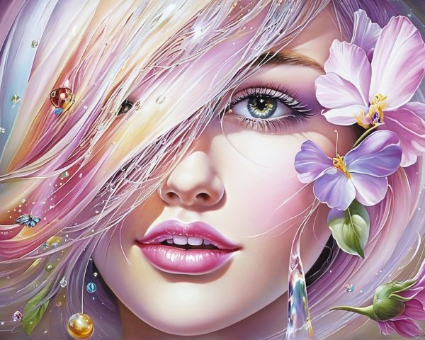 Ethereal Portrait of a Woman with Pastel Hair and Flowers