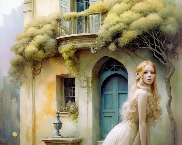 Whimsical Pastel Scene of a Young Woman Outdoors