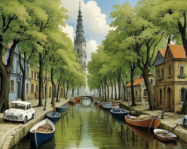 Charming Canal Scene with Boats and Lush Banks