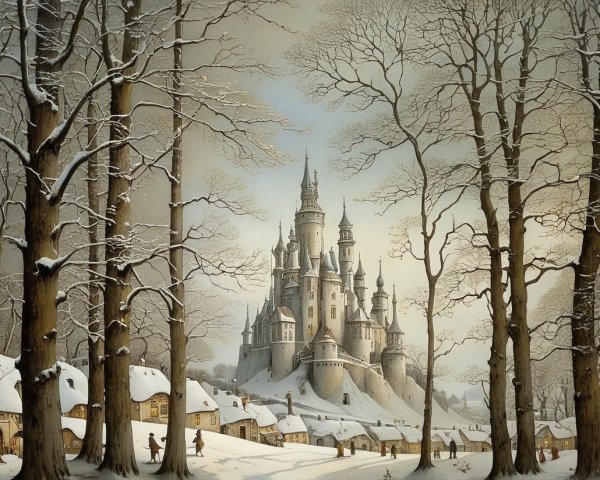 Winter Castle Landscape with Snowy Cottages and Trees