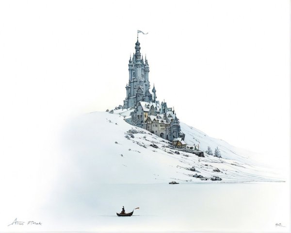 Majestic castle on snowy hill with frozen lake view
