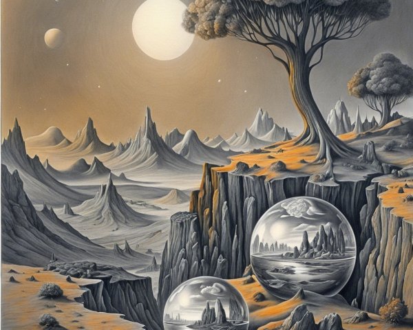 Surreal Landscape with Mountains and Glowing Moon