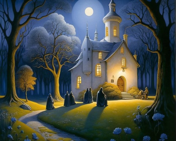 Moonlit Castle Scene with Cloaked Figures and Flowers