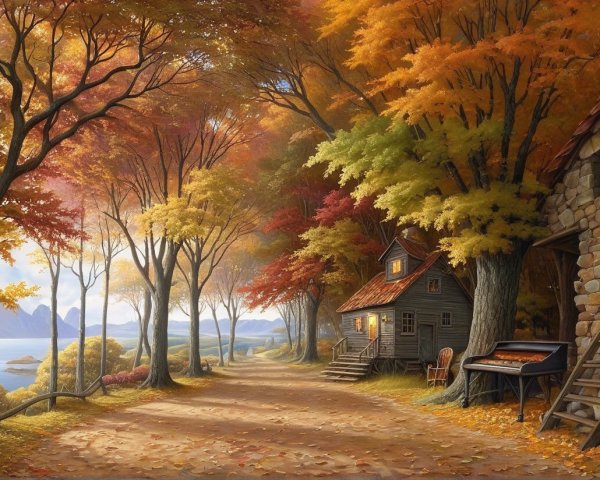 Autumn Landscape with Vibrant Trees and Cottage