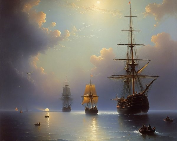 Tranquil Maritime Scene with Sailing Ships and Moonlight