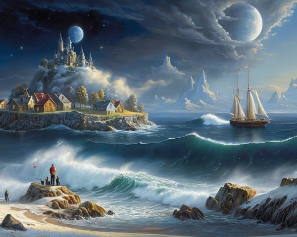 Vibrant Village and Majestic Castle Landscape Scene