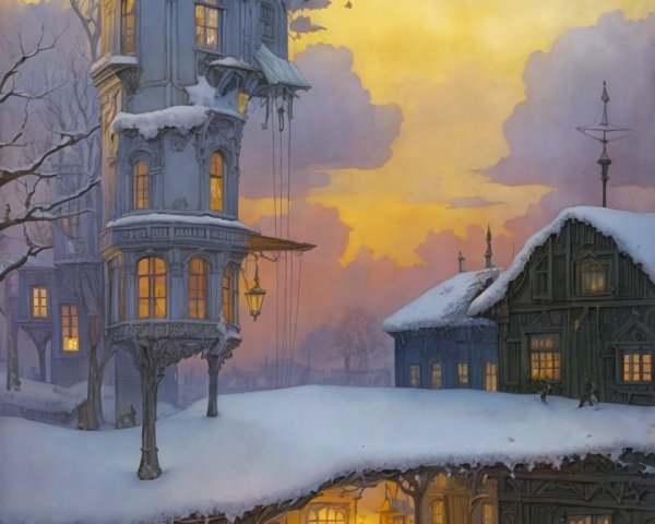Whimsical Winter Village at Sunset with Snow and Light