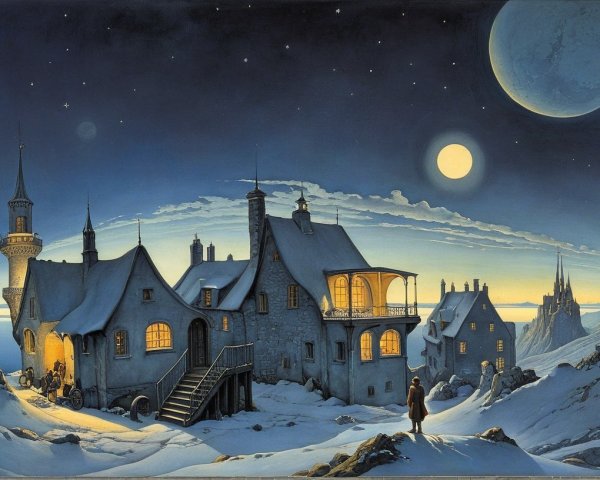 Winter Village Under Starlit Sky with Snowy Landscape