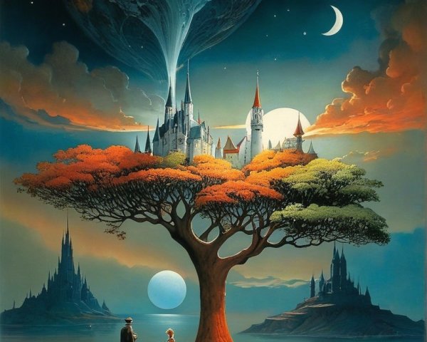 Surreal Landscape with Vibrant Tree and Castle