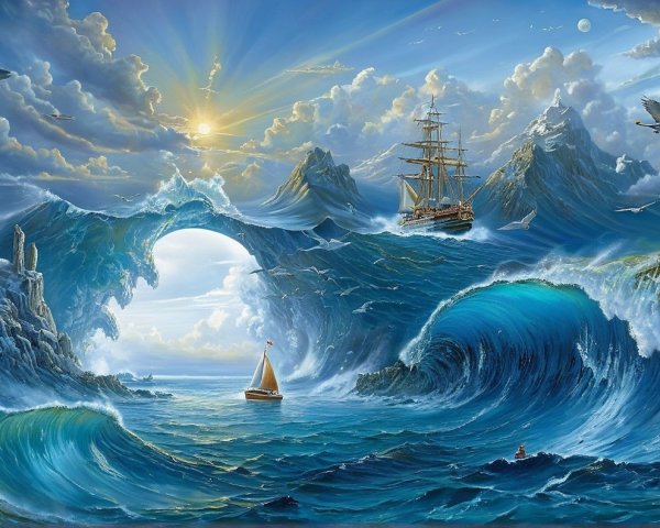 Dramatic Seascape with Waves and Majestic Ships
