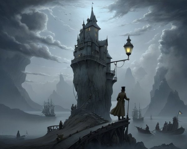 Eerie Castle on Cliff with Misty Landscape and Figure