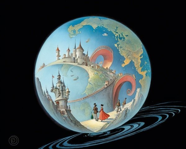 Whimsical Globe Illustration with Fantastical Landscapes