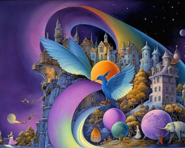 Vibrant Fantastical Landscape with Whimsical Elements