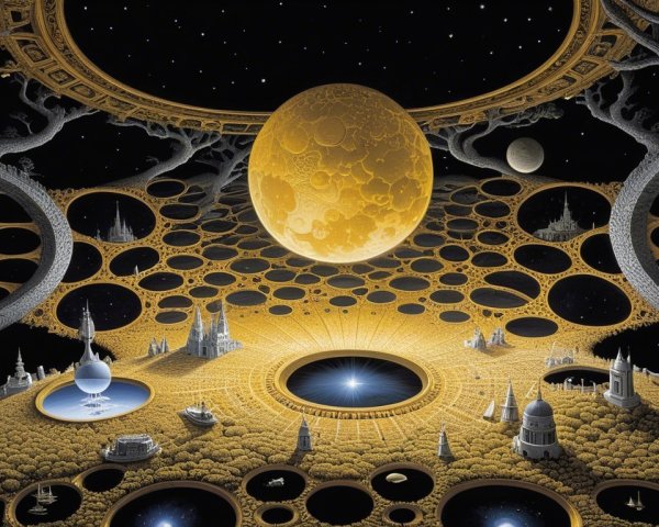 Surreal Landscape with Golden Structures and Celestial Elements