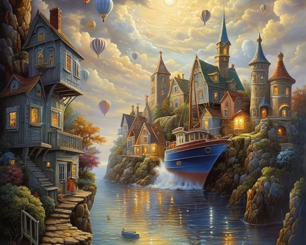 Colorful Coastal Houses and Hot Air Balloons Scene