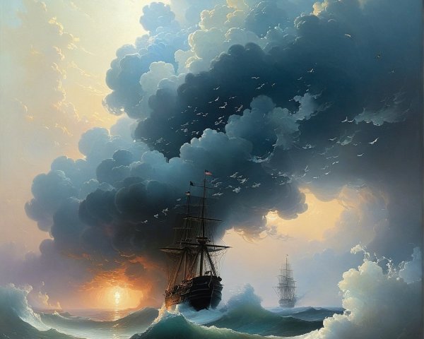 Dramatic Seascape with Tall Ships and Turbulent Waves
