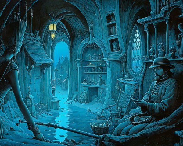 Underground Chamber with Woman and Man by Stream